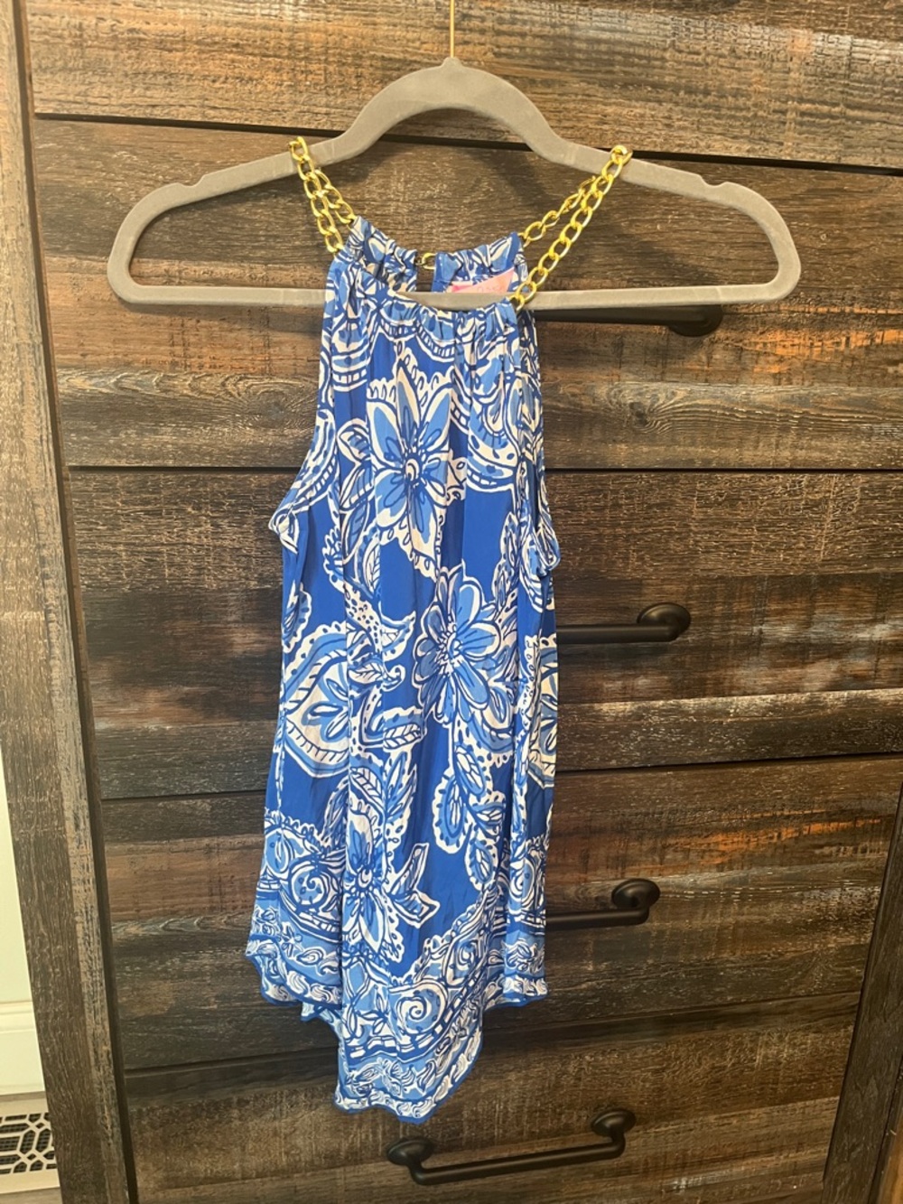 Lilly Pulitzer Blue and White Floral Dress with Gold Chain Detail